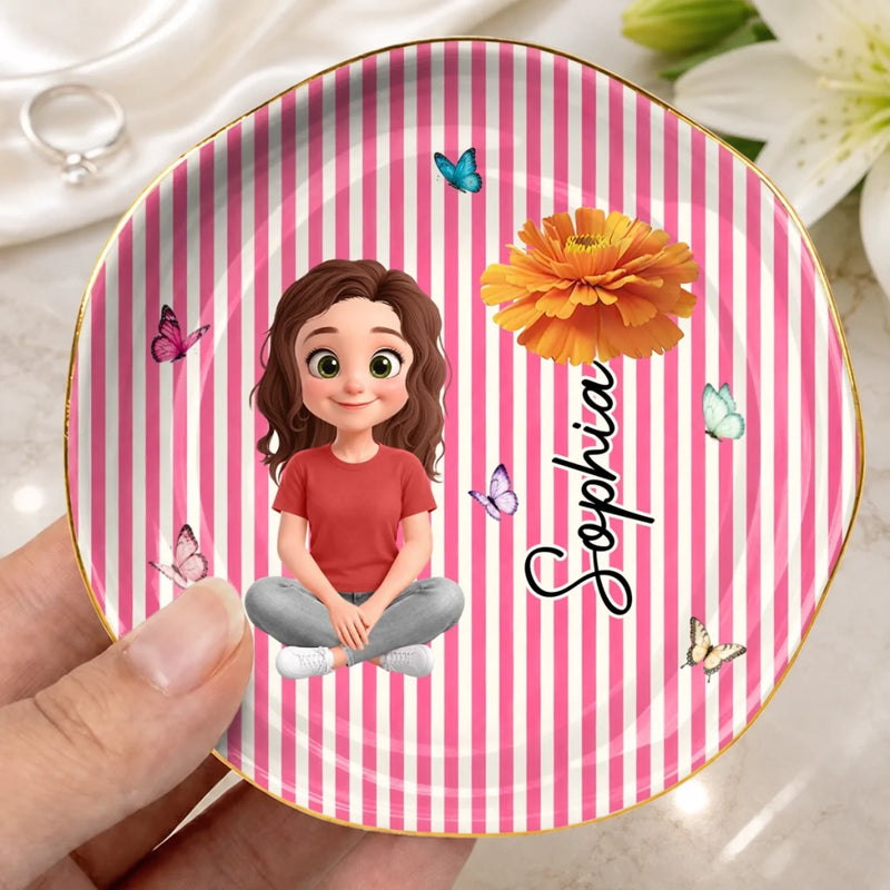 Custom Name Butterfly Girl Floral Gifts For Women - Personalized Jewelry Dish
