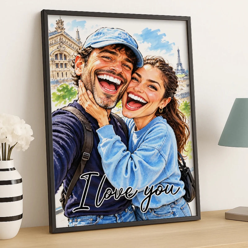 Custom Photo Funny Caricature Romantic Couple Gifts For Husband And Wife, Him And Her - Personalized Poster