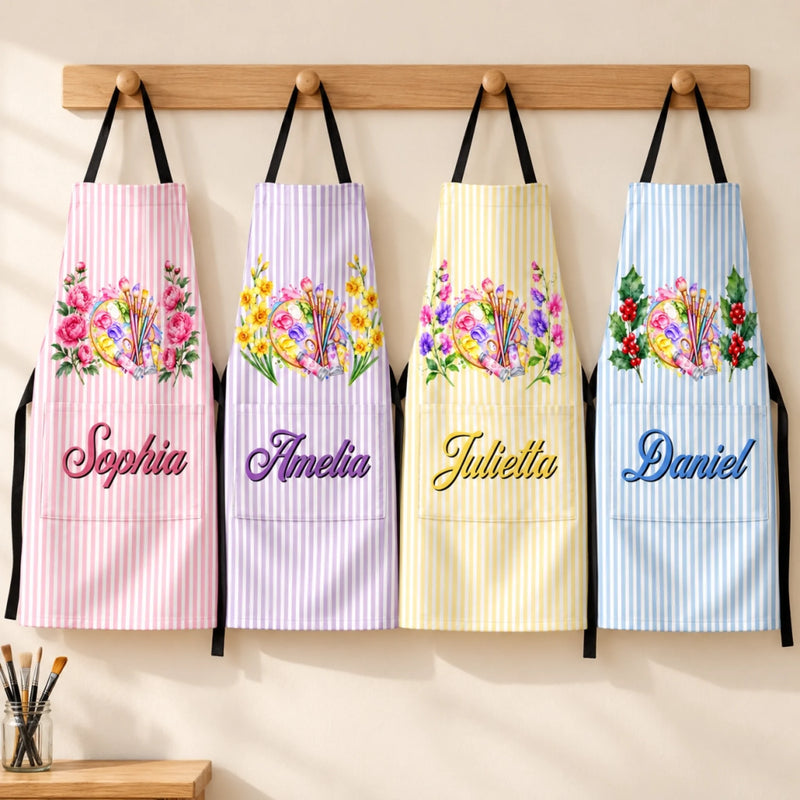 Custom Name Birth Month Flower Painting Gifts for Kids, Artists & Art Lovers - Personalized Apron With Pocket