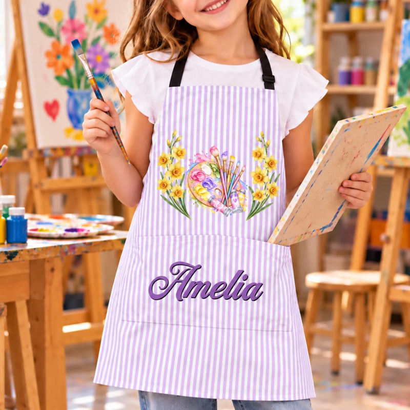 Custom Name Birth Month Flower Painting Gifts for Kids, Artists & Art Lovers - Personalized Apron With Pocket