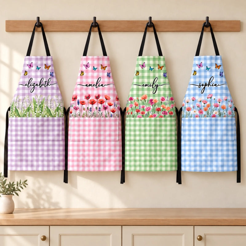 Custom Name Butterfly Floral Gifts For Women And Kids - Personalized Apron With Pocket