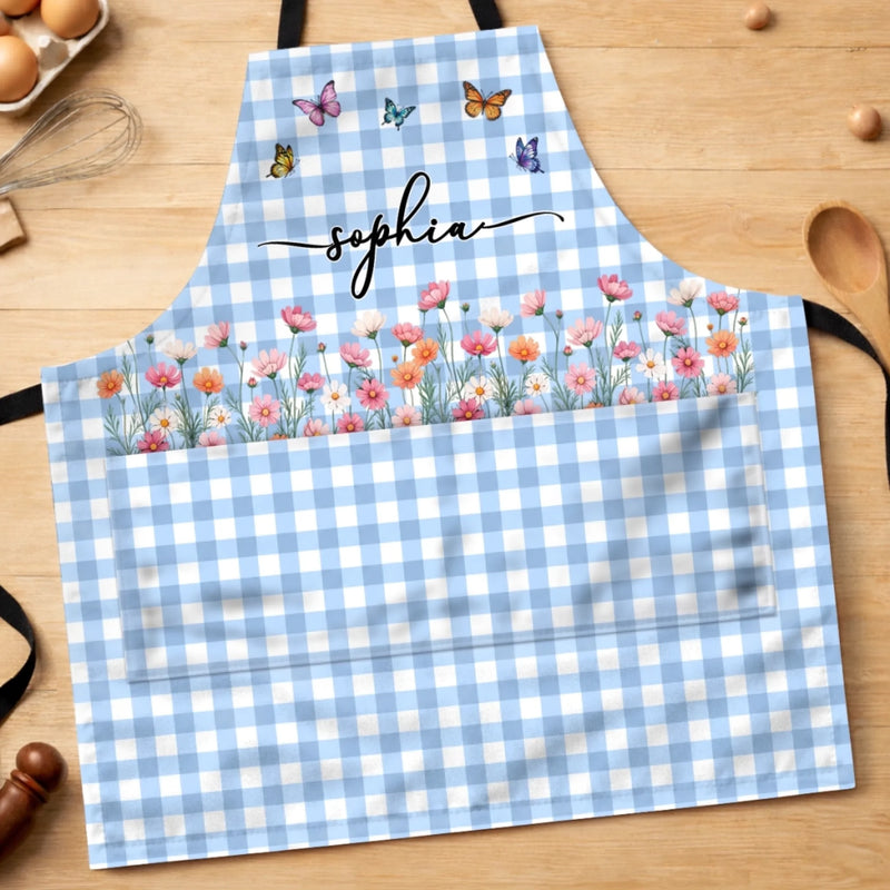 Custom Name Butterfly Floral Gifts For Women And Kids - Personalized Apron With Pocket