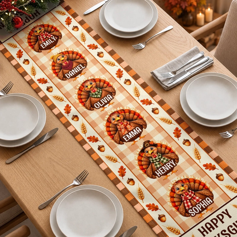 Custom Name Thanksgiving Turkey Family Decor - Personalized Table Runner