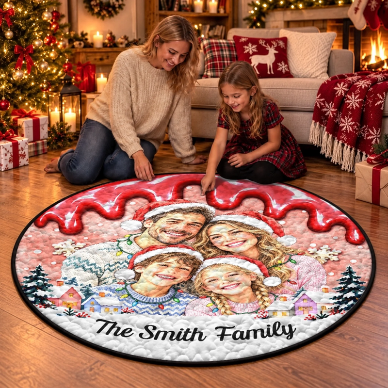 Custom Photo Christmas Family Decor - Personalized Quilted Round Mat