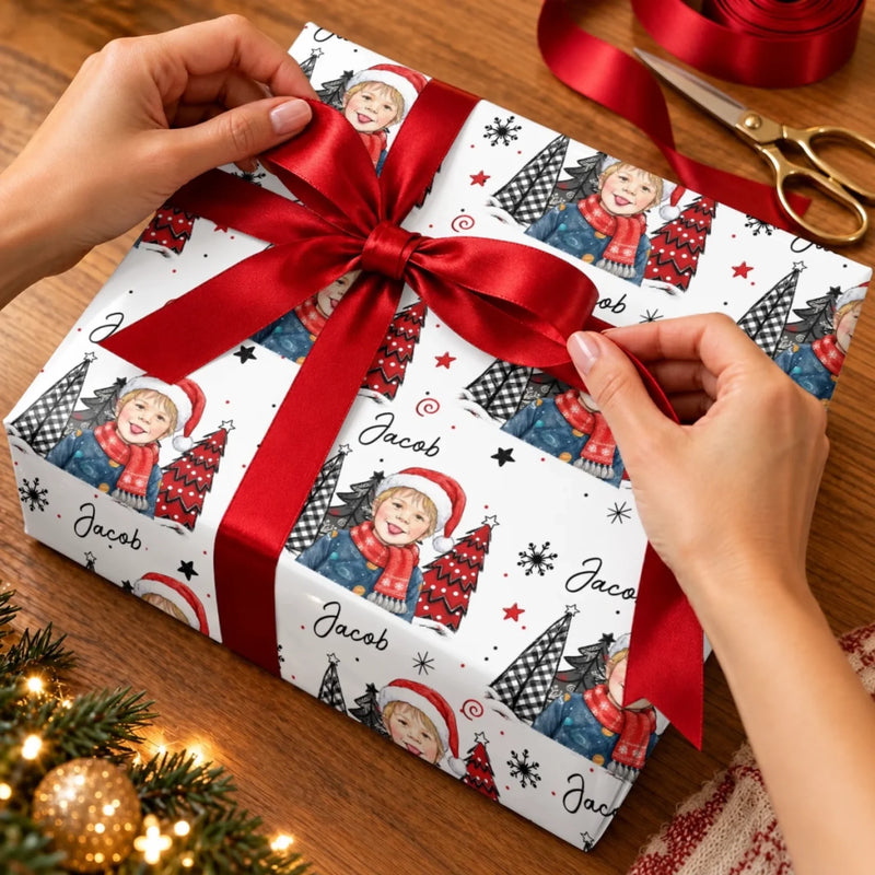 Custom Photo and Name Christmas Gifts for Family - Personalized Wrapping Paper