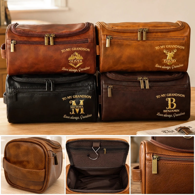 Custom Name Monogram Gifts For Him - Personalized Leather Toiletry Bag