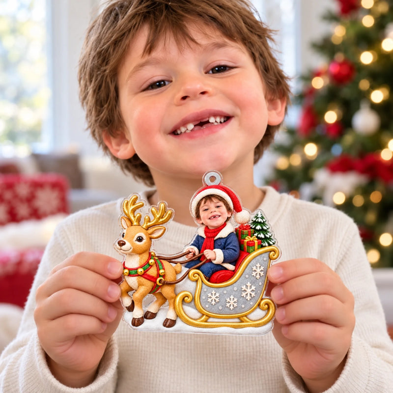 Custom Photo Christmas Reindeer Sleigh Gifts for Kids - Personalized Acrylic Ornament
