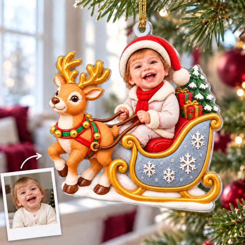 Custom Photo Christmas Reindeer Sleigh Gifts for Kids - Personalized Acrylic Ornament