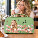 Custom Photo Floral Name Gifts for Women and Girls - Personalized PU Leather Travel Toiletry Bag