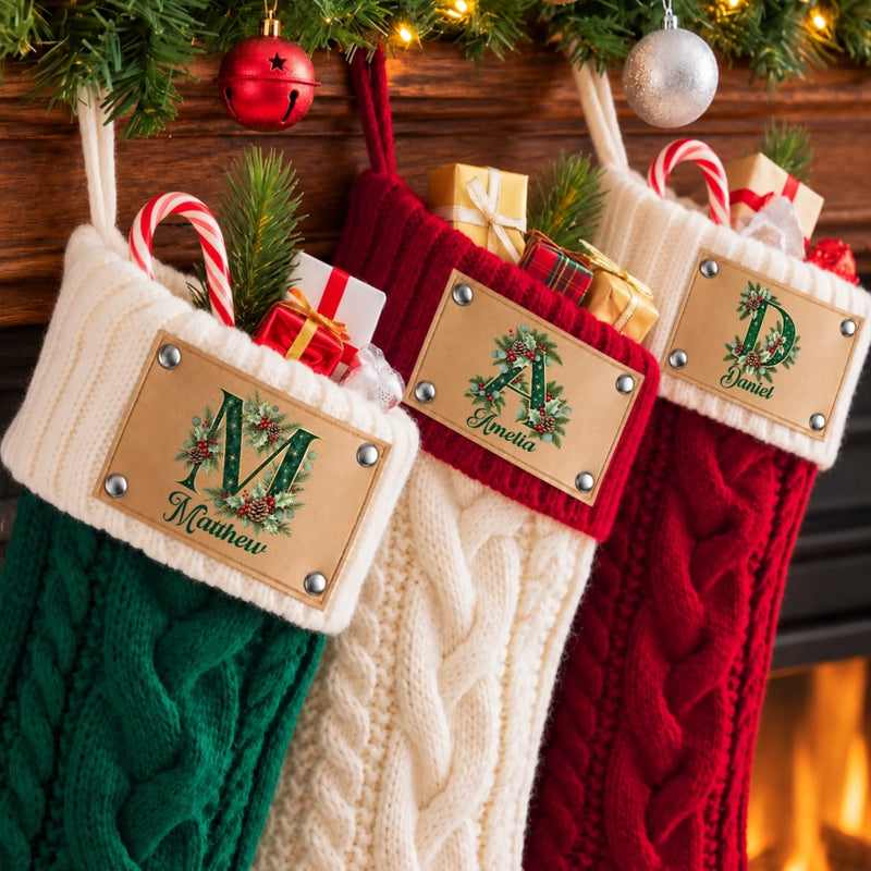 Custom Name Initial Christmas Gifts for Family - Personalized Leather Patch Stockings