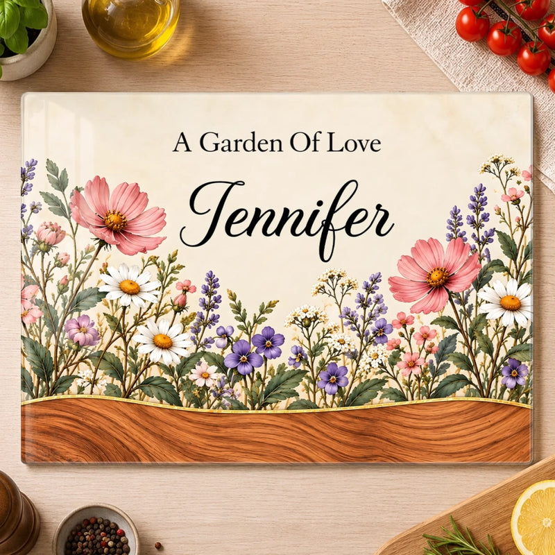 Custom Name Garden Of Love Gifts For Women - Personalized Glass Cutting Board