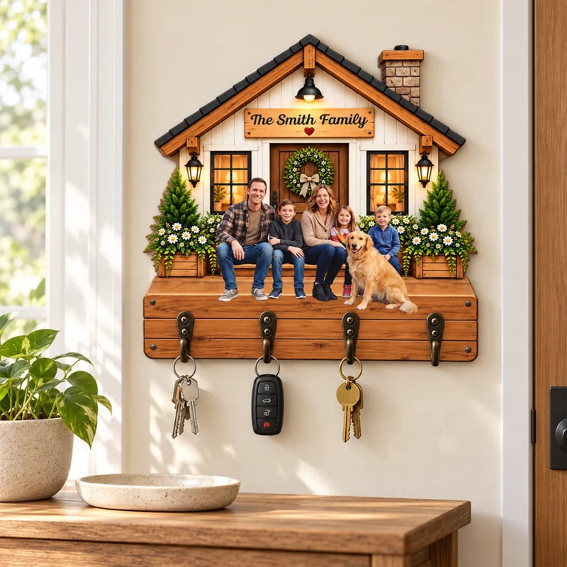 Custom Photo Family Name Home Decor - Personalized Wooden Key Holder