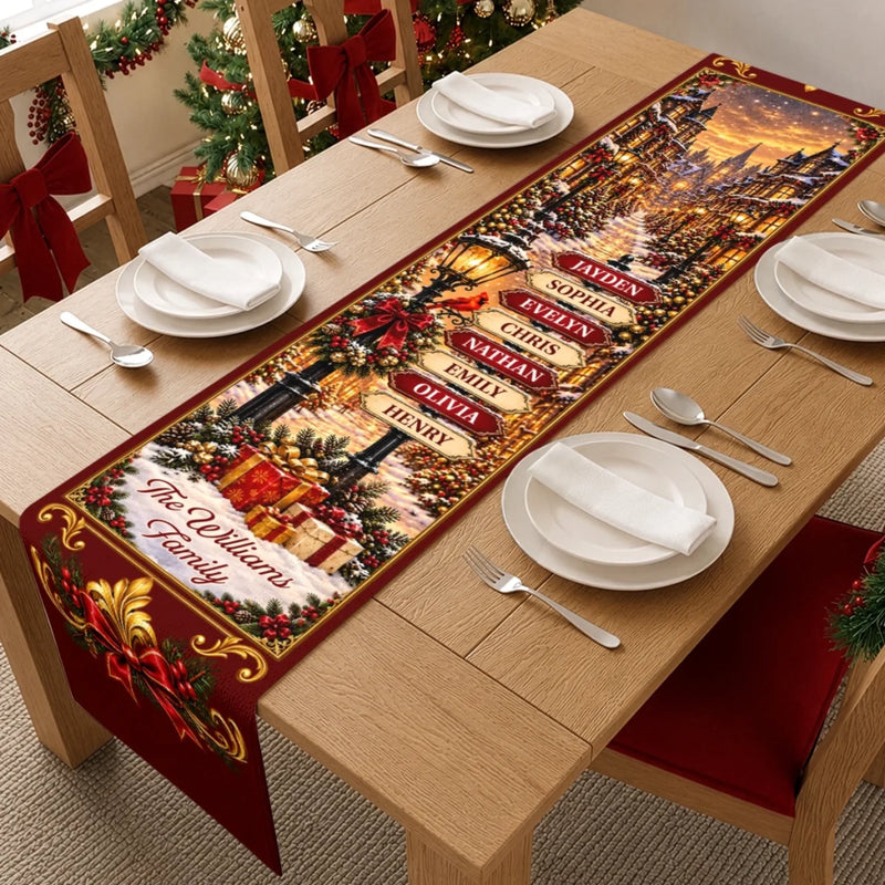 Custom Name Christmas Village Family Decor - Personalized Table Runner