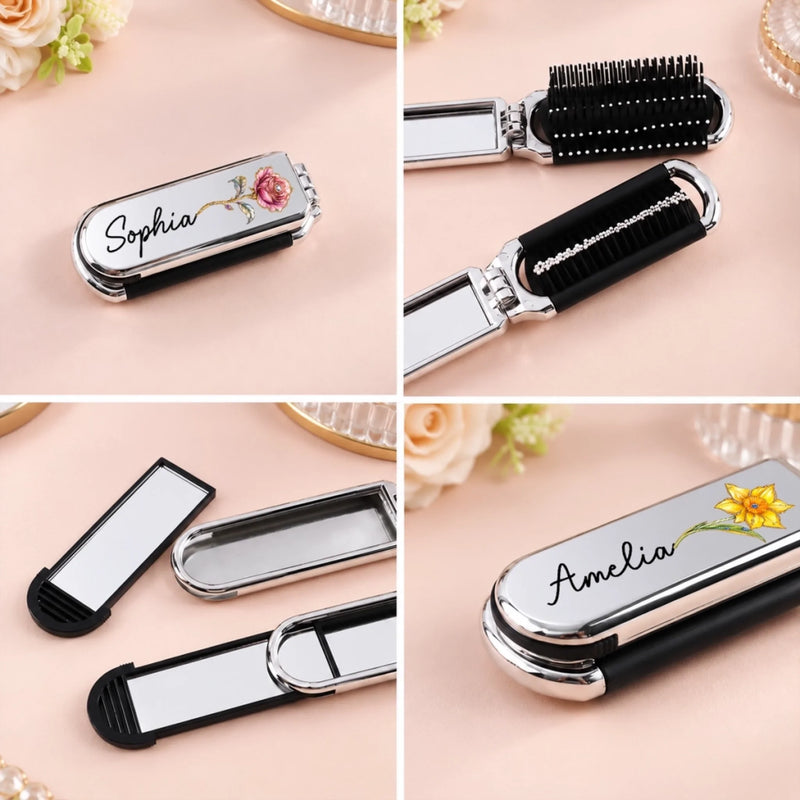 Custom Name Floral Gifts for Women - Personalized 2-In-1 Foldable Makeup Mirror