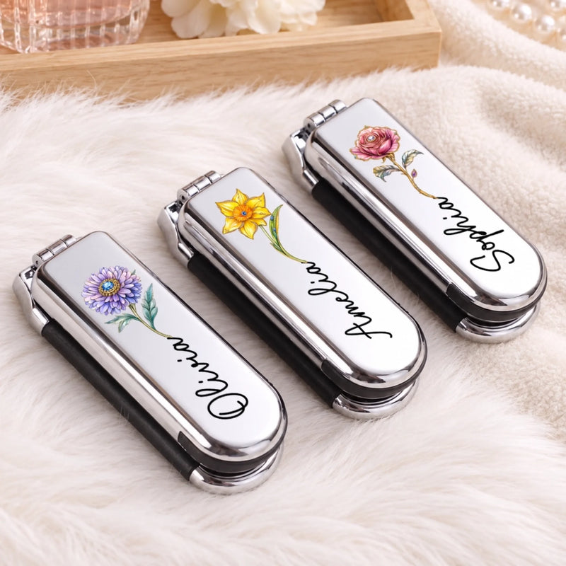 Custom Name Floral Gifts for Women - Personalized 2-In-1 Foldable Makeup Mirror