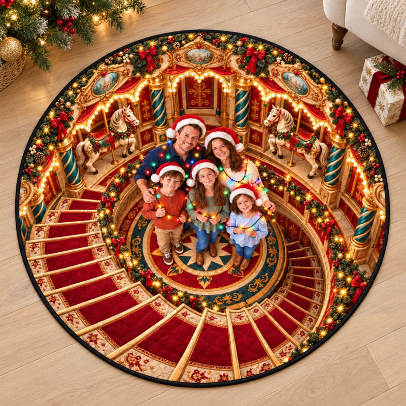 Custom Photo Christmas Carousel Family Decor - Personalized Quilted Round Mat