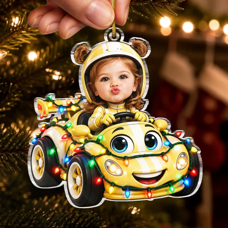Custom Photo Christmas Astronaut Race Car Gifts for Kids - Personalized Acrylic Ornament