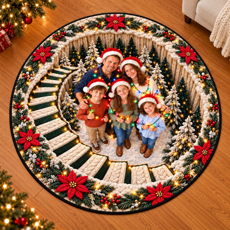 Custom Family Photo Christmas Tree Celebration Decor - Personalized Quilted Round Mat