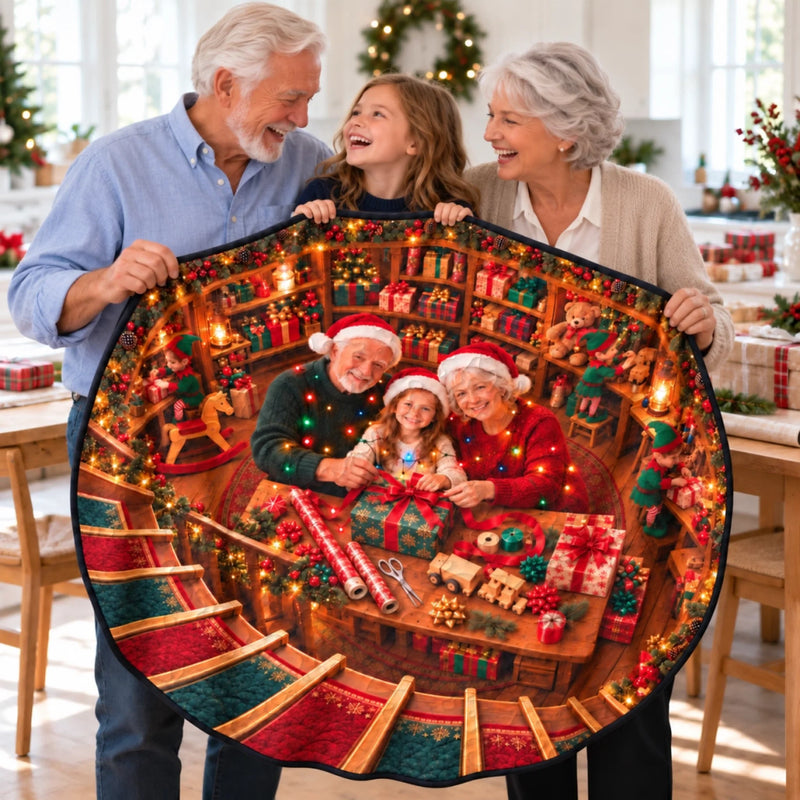 Custom Photo Santa Workshop Family Decor - Personalized Quilted Round Mat