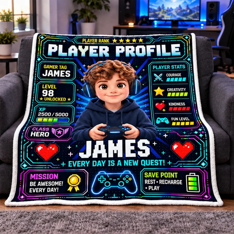 Custom Photo Name Gamer Profile Gifts for Kids - Personalized Blanket