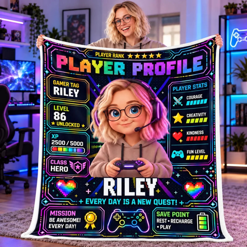 Custom Photo Name Gamer Profile Gifts for Kids - Personalized Blanket