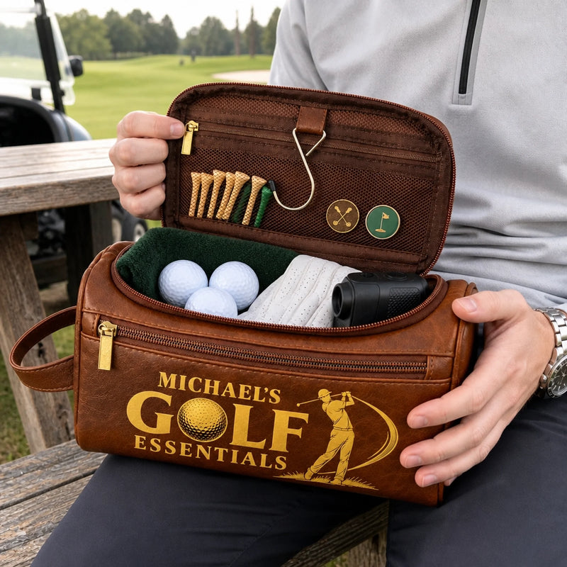 Custom Name Golf Essentials Gifts for Golfers - Personalized Leather Toiletry Bag