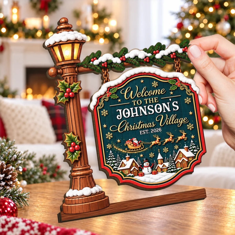 Custom Name Christmas Village Gifts - Personalized 2-Layered Wooden Plaque With Flat Stand