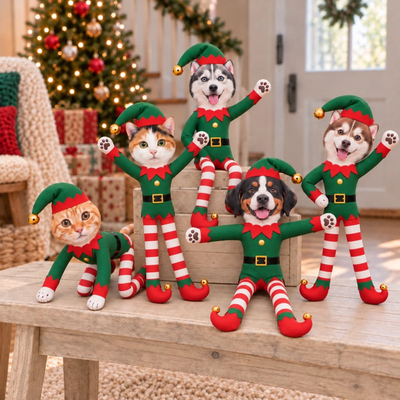 Custom Photo Christmas Elf Doll Gifts For Dog And Cat Lovers - Personalized Poseable Plush Doll