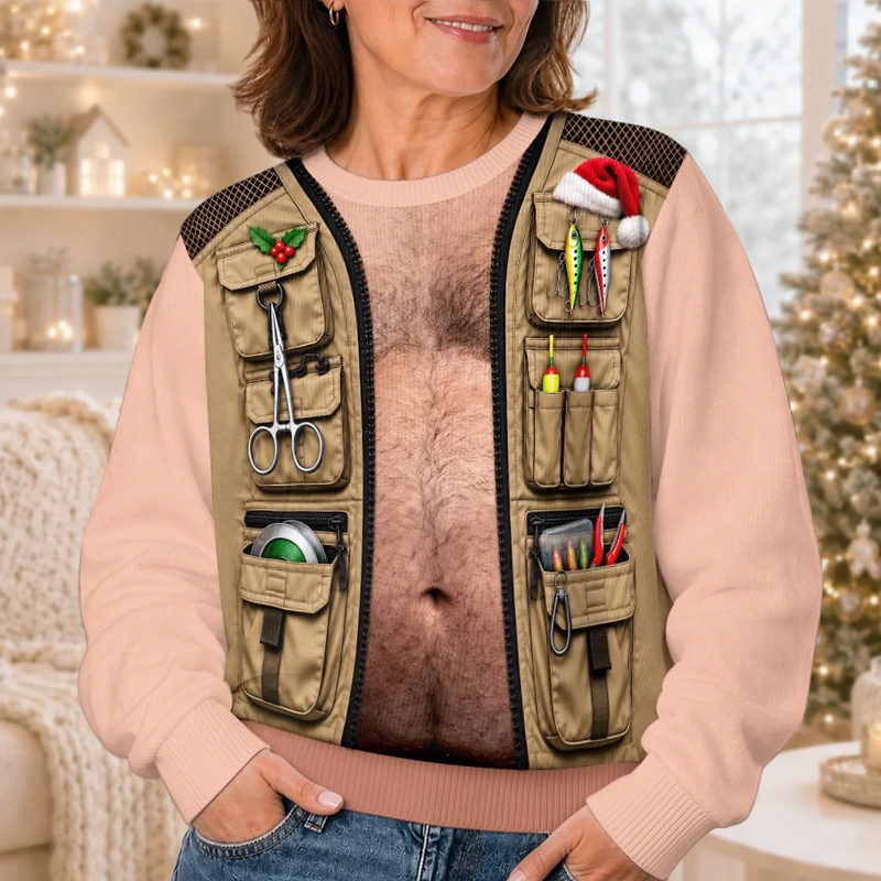 Custom Skin Tone Funny Christmas Fishing Vest Gifts for Men - Personalized Ugly Sweatshirt