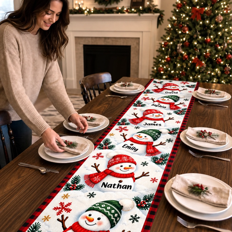 Custom Name Christmas Snowman Gifts For Family - Personalized Table Runner