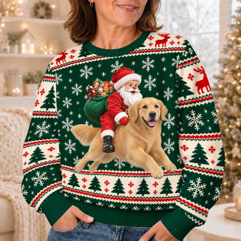 Custom Santa Riding Dog Christmas Gifts For Dog And Cat Lovers, Pet Lovers - Personalized Ugly Sweatshirt