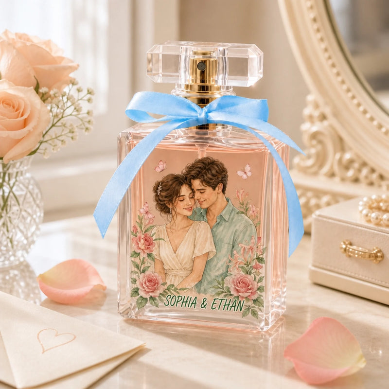 Custom Couple Portrait & Birth Flower Gifts for Her - Personalized Refillable Perfume Bottle