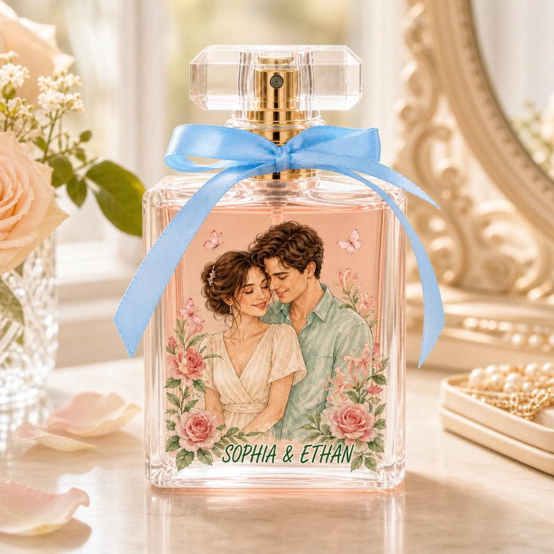 Custom Couple Portrait & Birth Flower Gifts for Her - Personalized Refillable Perfume Bottle