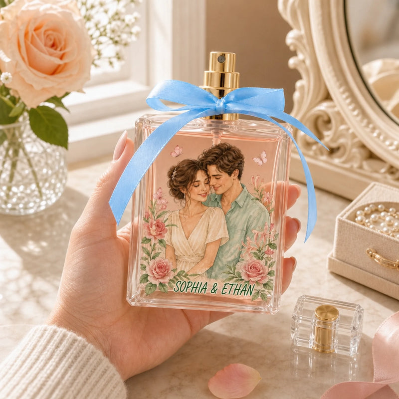 Custom Couple Portrait & Birth Flower Gifts for Her - Personalized Refillable Perfume Bottle