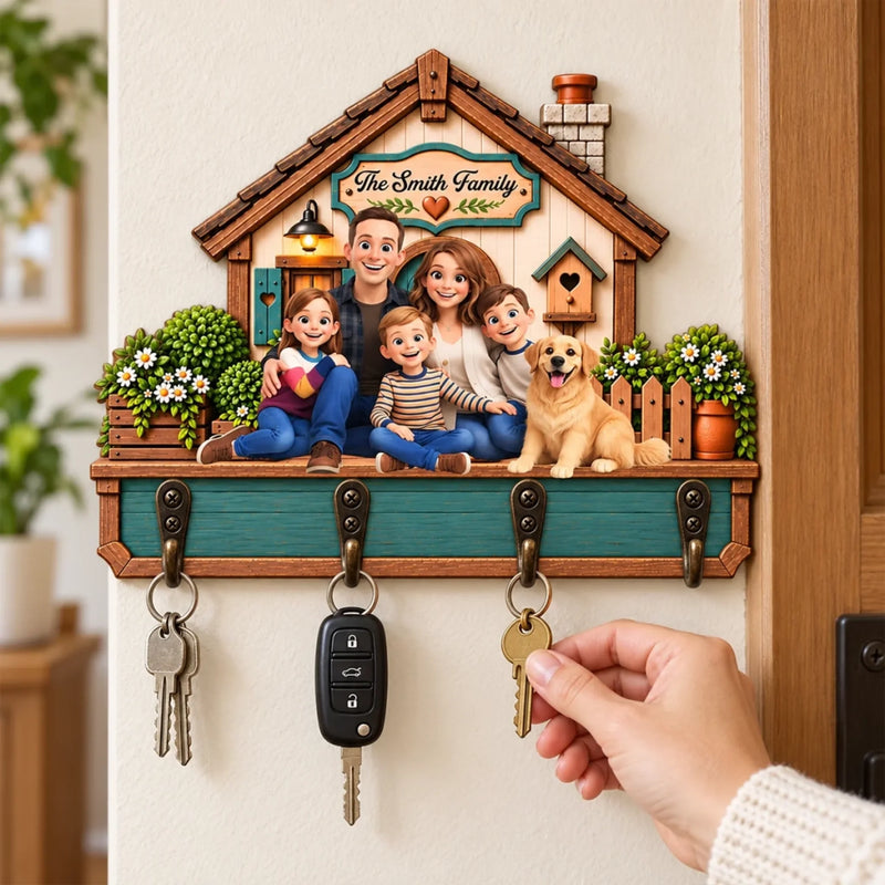 Custom Family Photo Name Home Decor - Personalized Wooden Key Holder