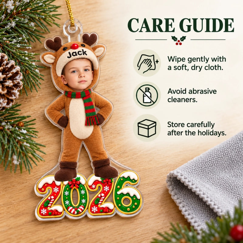 Custom Photo 2026 Reindeer Costume Kids Christmas Gifts - Personalized Acrylic Ornament