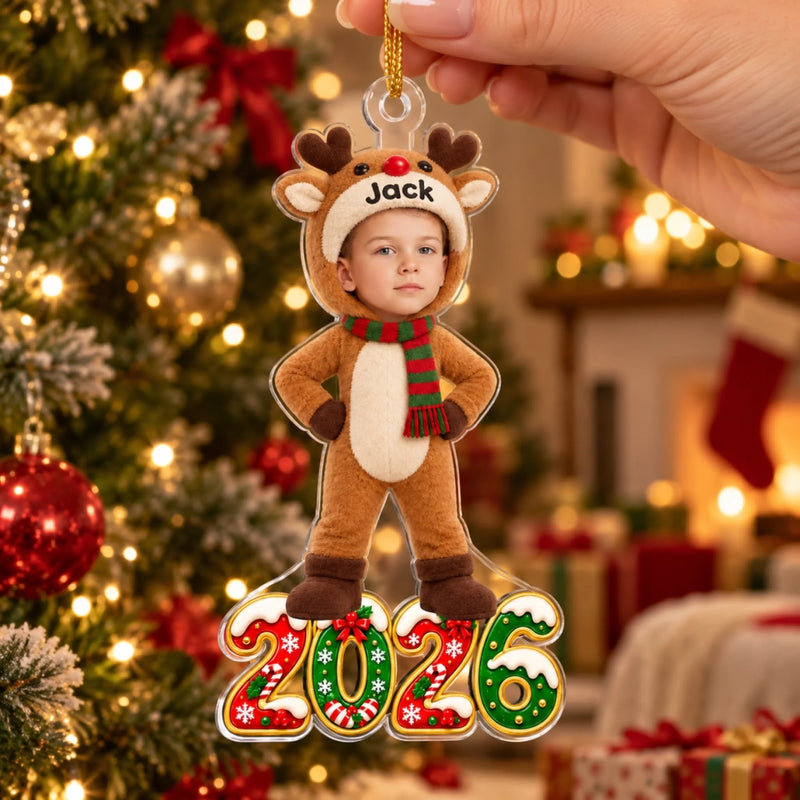Custom Photo 2026 Reindeer Costume Kids Christmas Gifts - Personalized Acrylic Ornament