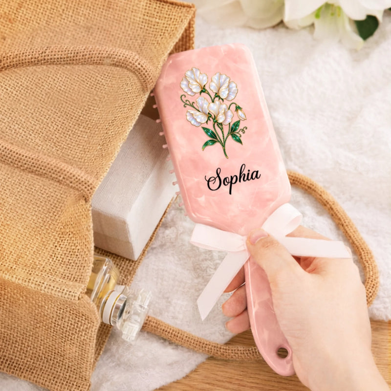 Custom Pearl Effect Floral Name Gifts for Her - Personalized Paddle Hair Brush