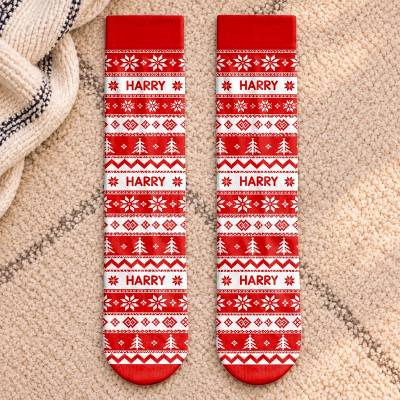 Custom Name Festive Pattern Family Christmas Gifts - Personalized Middle Tube Socks