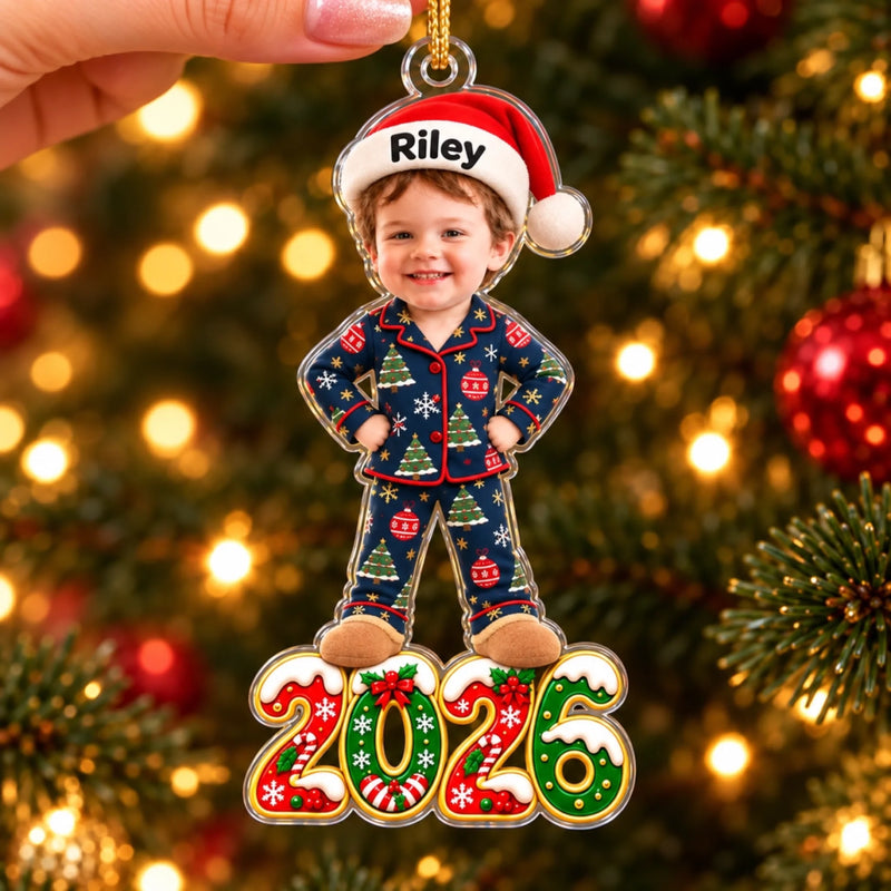 Custom Photo Santa Hat Holiday Pajama Kids Christmas Gifts - Personalized Acrylic Ornament