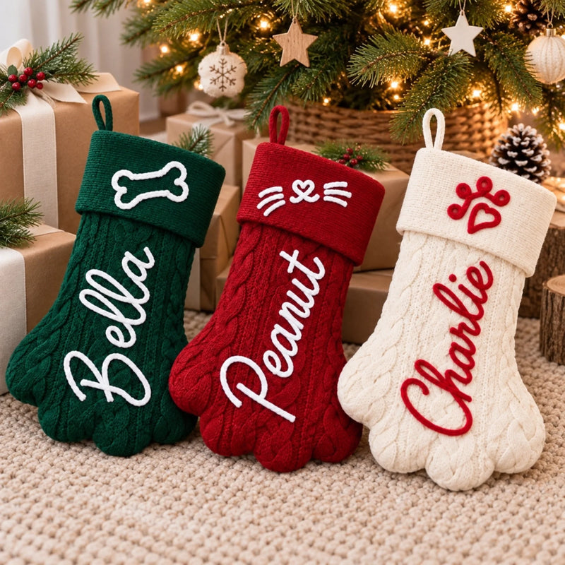 Custom Name Christmas Pet Stocking Dog Cat Gifts - Personalized Christmas Paw Stocking