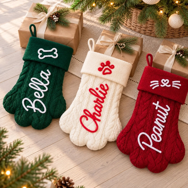 Custom Name Christmas Pet Stocking Dog Cat Gifts - Personalized Christmas Paw Stocking