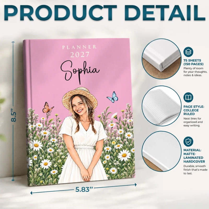 Custom Photo Birth Month Flower Field Planner 2027 Gifts For Women - Personalized Hardcover Journal