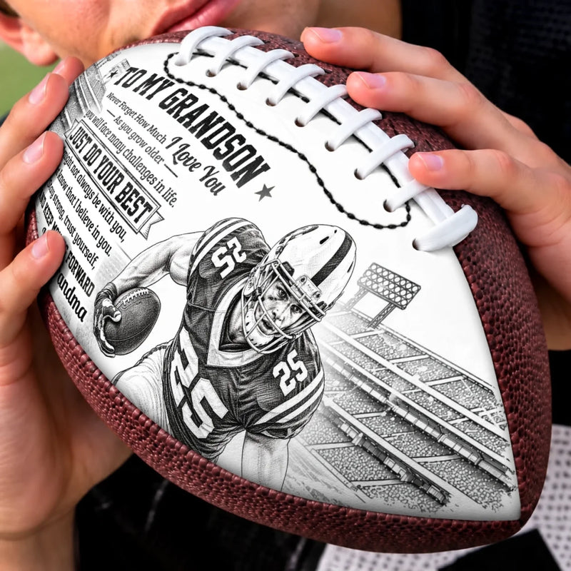 Custom Photo Inspirational Football Gifts for Son, Grandson - Personalized Leather Football