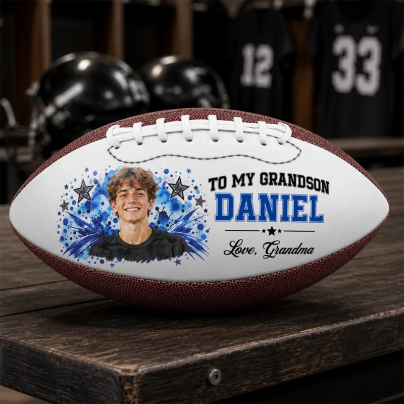 Custom Photo Football Star Gifts for Son, Grandson - Personalized Leather Football