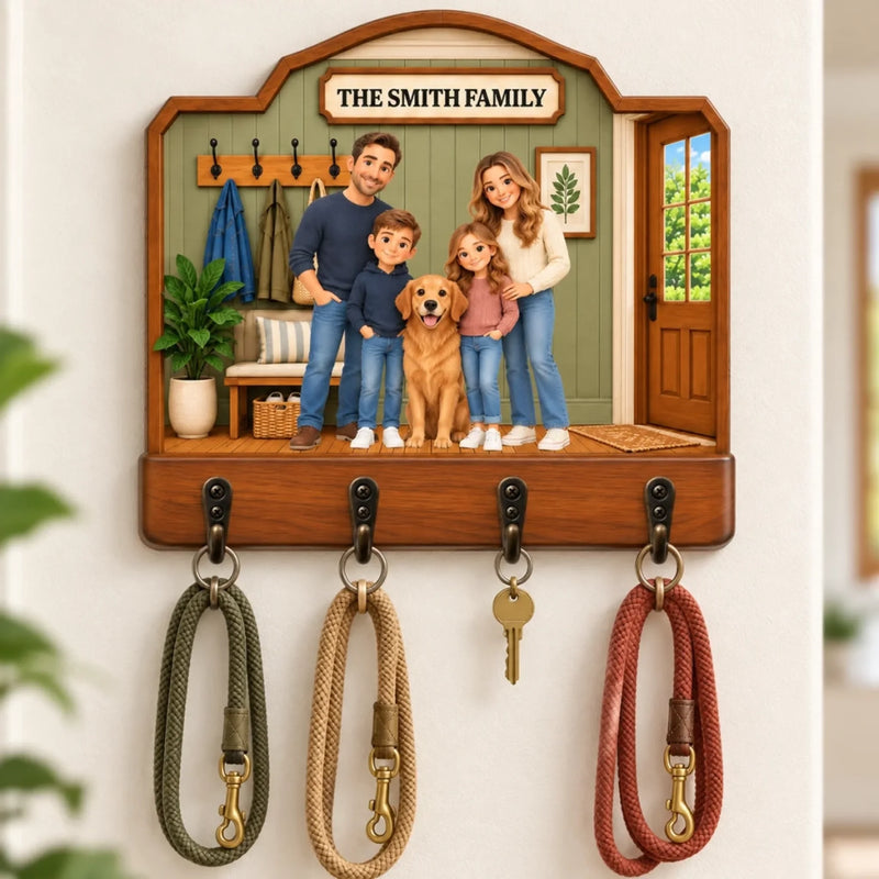 Custom Family Portrait Home Decor Gifts - Personalized Wooden Key Holder