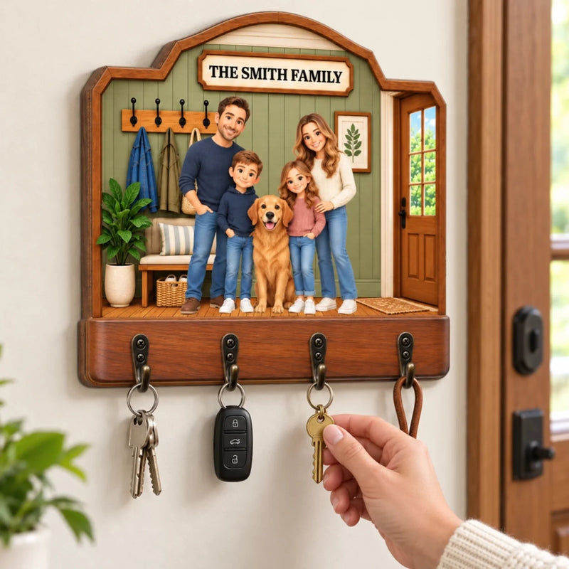 Custom Family Portrait Home Decor Gifts - Personalized Wooden Key Holder