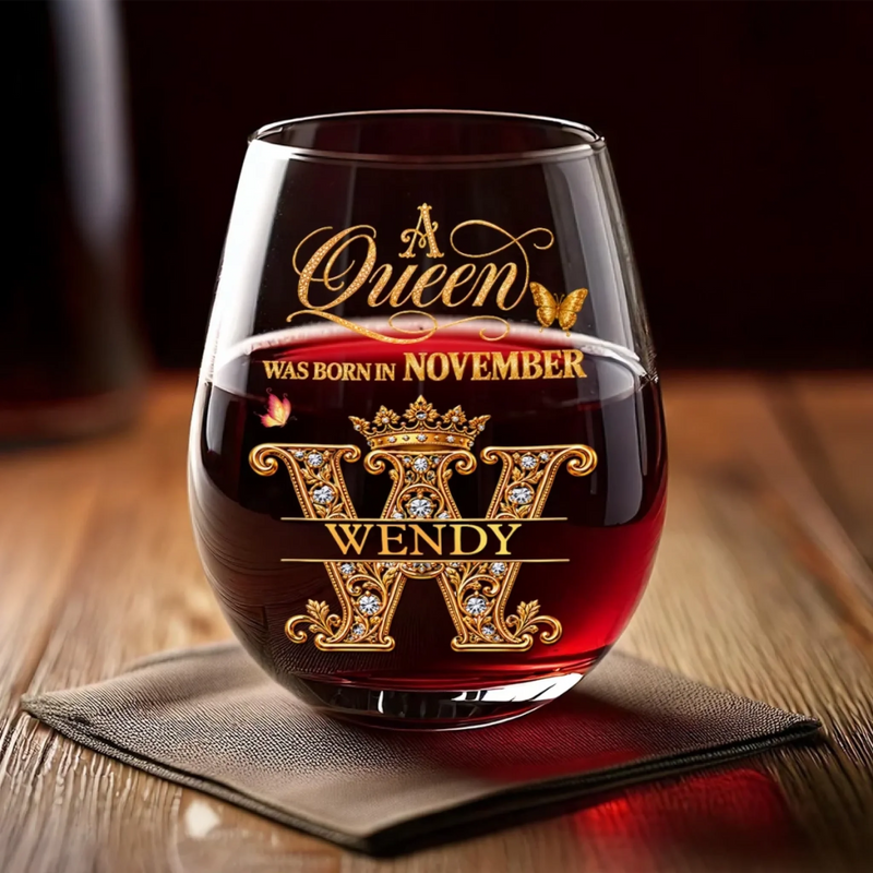 Custom Name Queen Initial Birthday Gifts for Her - Personalized Wine Glass