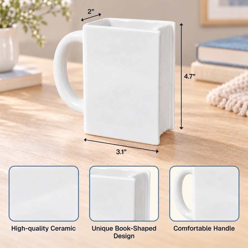 Custom Name Book Nook Gifts for Book Lovers - Personalized Book Shaped Ceramic Mug