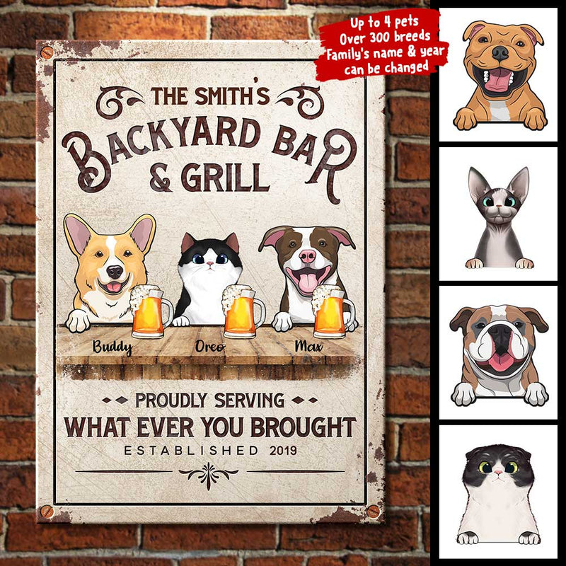 Backyard Bar & Grill With Cats And Dogs - Personalized Metal Sign